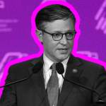 Black and white photograph of Mike John, Speaker of the House of Representatives against a pink background and surrounded by a halo of Femination Pink