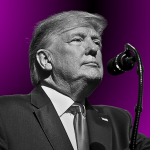 Black and white photo of Trump on a pink background