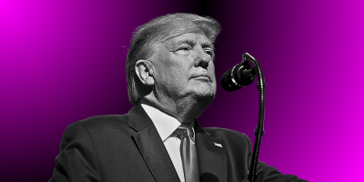 Black and white photo of Trump on a pink background