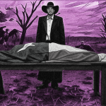 Pink and black expressionist painting of mean looking Texas preacher presiding over a deceased pregnant woman, who is draped in a Texas flag and surrounded by vultures