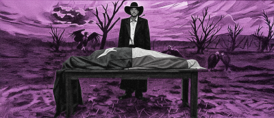 Pink and black expressionist painting of mean looking Texas preacher presiding over a deceased pregnant woman, who is draped in a Texas flag and surrounded by vultures