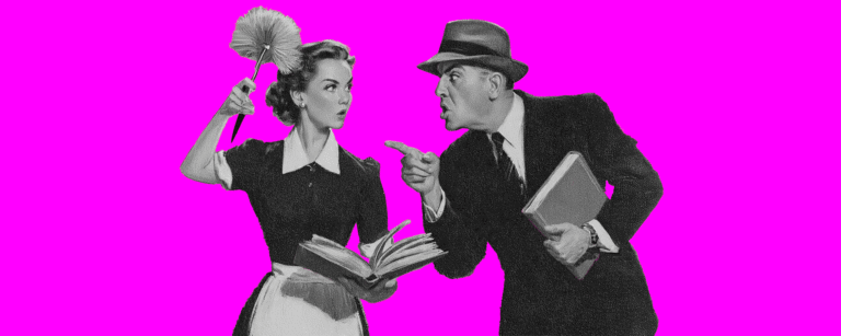 Photoillustration of 1950s housewife berated by an angry husband