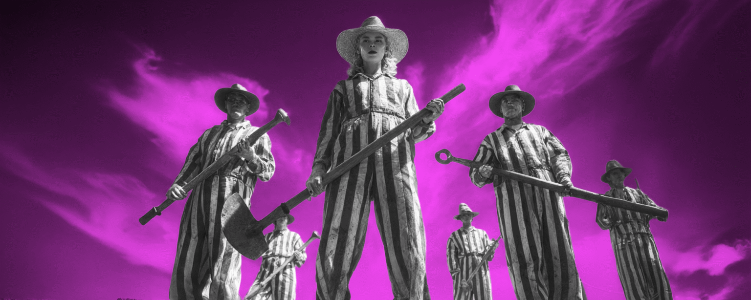 Black and white photorealisitc AI rederdering of women and a men dressed as a 1950s chain gain