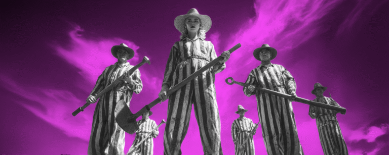 Black and white photorealisitc AI rederdering of women and a men dressed as a 1950s chain gain